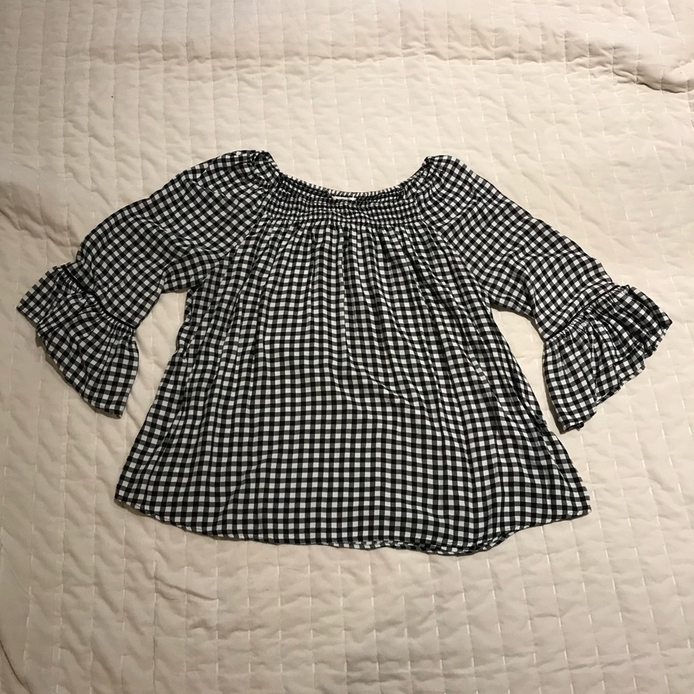 Check peasant top bell sleeves black and white plus size 2x - Picture 4 of 7